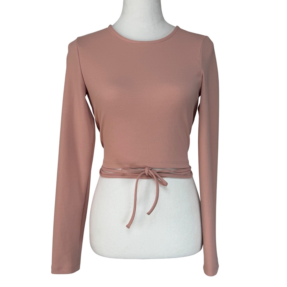 Zara NWT Women Top XS Pink Long Sleeve Open Back Tie Waist Crop Crew Neck New